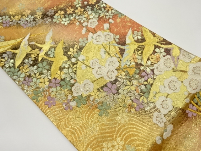 扇子に鶴・梅・桜尽くし模様織出し袋帯